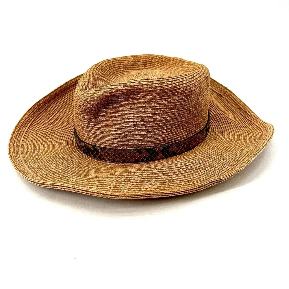 Eric Javits Tan-Brown Straw Sun Hat with Snakeskin Trim